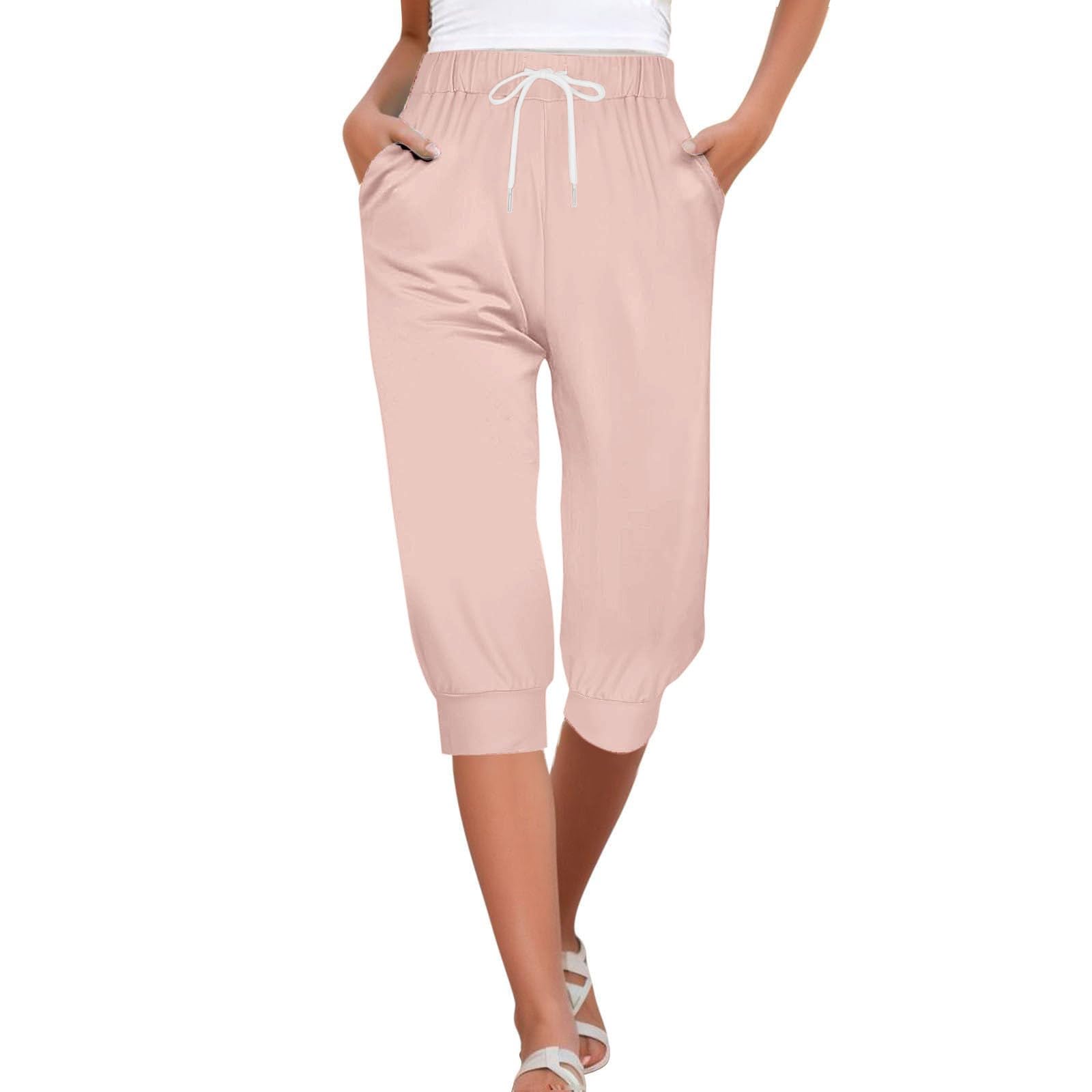 QWENTMTNTY Womens Capri Sweatpants Loose Fit Stretch Casual Workout Cropped Joggers Drawstring Running Pants with Pockets