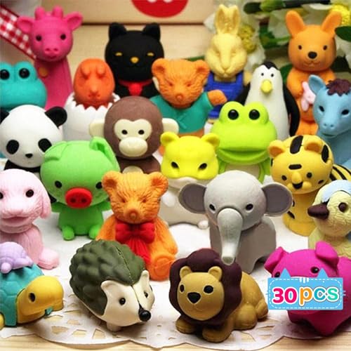 AquaFalcon 30 Pcs Animal Erasers Desk Pets for Kids Pencil Bulk Puzzle Erasers Toys Gifts for Classroom Prizes Game Reward Treasure Box Easter Egg Fillers Goodie Bag Stuffers Party Favors