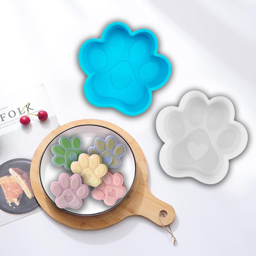 2 Pack Dog Paw Print Silicone Molds with Cute Heart Shape Molds DIY Baking Cookie Birthday Gifts for Biscuit Soap Pastry Cake (Blue&White)