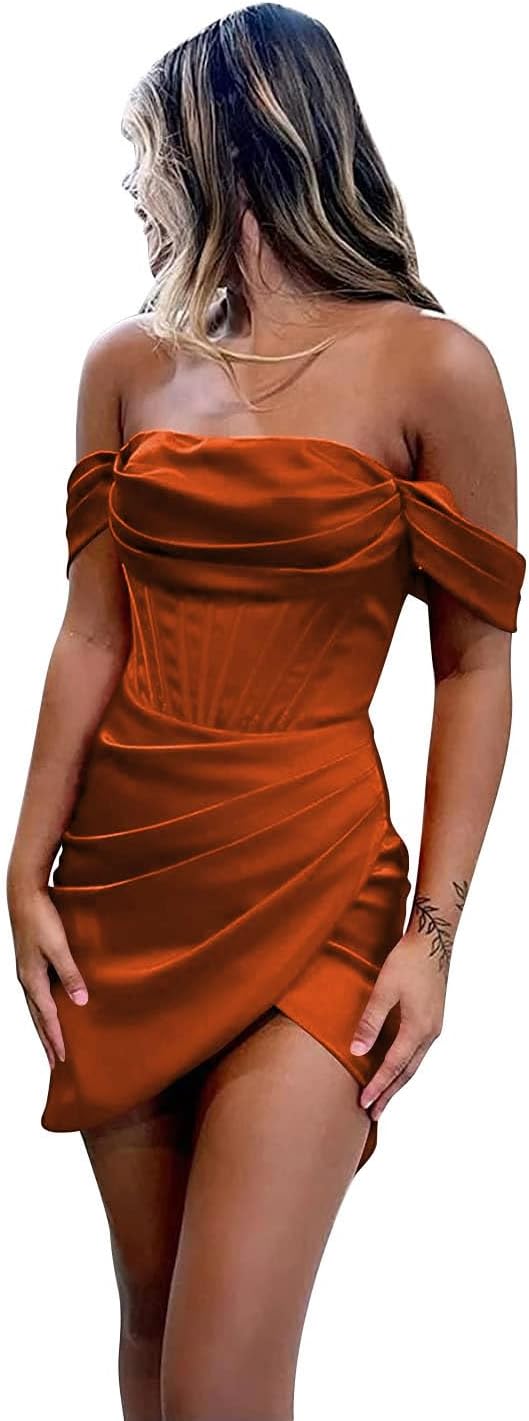 YMSHA Off The Shoulder Short Homecoming Dresses for Teens 2025 Pleated Satin Meramid Prom Dress YMS280