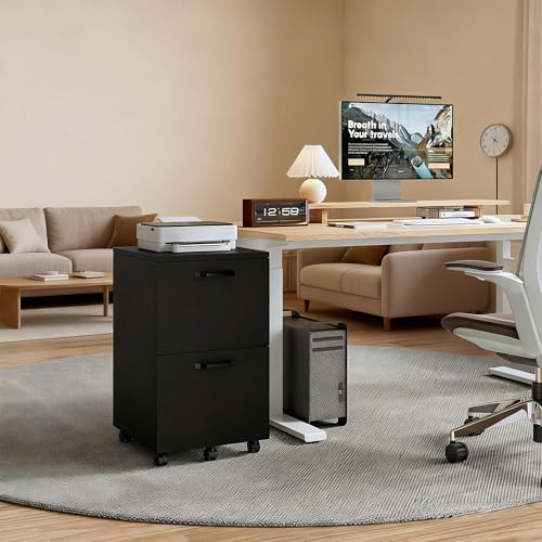 Image of Simple Deluxe 2 Drawer Filing Cabinet, Wood Rolling Filing Cabinets with Printer Stand, Under Desk Storage Lockable Wheels, Home Office Organizer for A4 Letter Legal Size Documents,Black