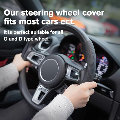 Image of AutoBizarre Car Anti Skid Non Slip Black Leather Steering Wheel Grip Covers Decoration Universal for All Cars - Set of 2 pcs