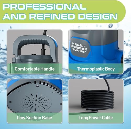 Image of Sump Pump 1HP Submersible Water Pump 3700GPH Electric Portable Transfer Water Pump for Pool Draining Basement, Blue