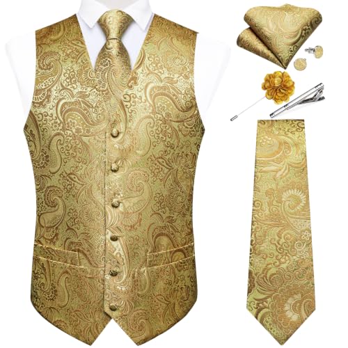 Image of DiBanGu Mens Vest and Tie Set Formal Paisley Waistcoat and Necktie Pocket Square Cufflinks Silk Suit Vest for Tuxedo Wedding
