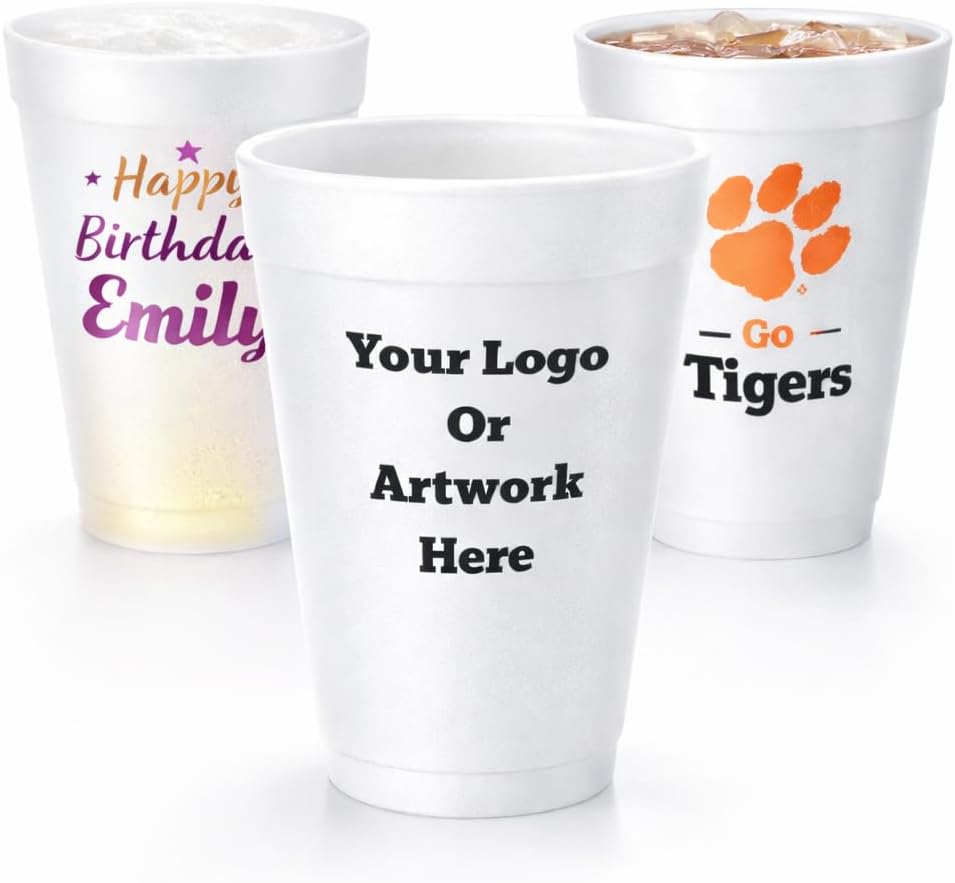 Disposable foam Cups with Custom Print Logo, & Text | Personalized foam cups for Parties, weddings, and Events (16oz-100pcs)-