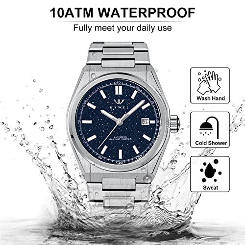 Image of Automatic Mechanical Wrist Watch for Men with Star Dust Dial, Fashion Self-Winding Watches for Men Stainless Steel Waterproof Luminous Sapphire Crystal Mens Watches with Auto Date (Silver)