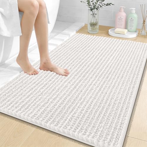 Image of OLANLY Bathroom Rug Mat 40x32, Thick Soft and Absorbent Chenille Bath Mat, Non-Slip Rubber Backing, Machine Washable Quick Dry Bath Rugs for Tub Shower Floor, Home Decor Accessories, Ivory
