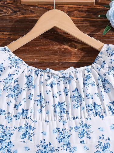 Girl's Floral Smocked A Line Midi Dresses Bowknot Long Sleeve Square Neck Ruched Dresses3