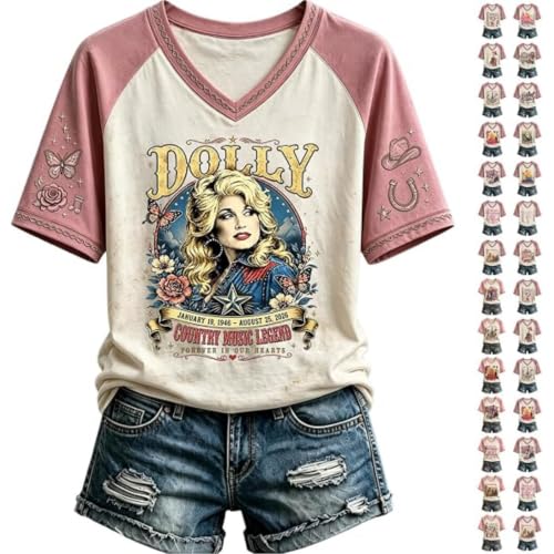 Pink Dolly Shirt for Women Butterfly Guitar V Neck Vintage Tee for Fans - image 1