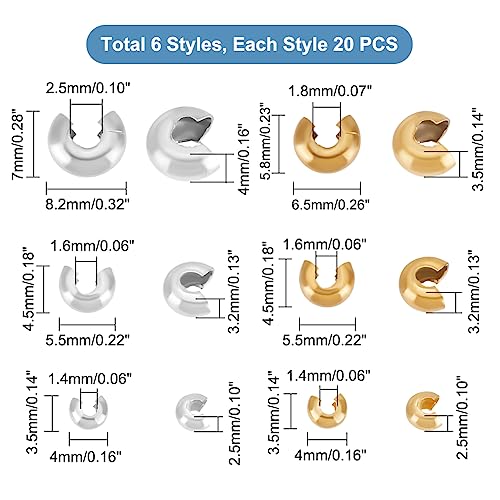 UNICRAFTALE 120pcs 2 Colors 6 Styles 304 Stainless Steel Crimp Beads Covers Metal Spacer Beads Half Rondelle Small Smooth Loose Round Beads Caps Crimping Beads for Crafts Jewelry Making - Image 4