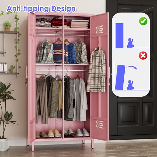 Image of METAN Extra Deep 2 Doors Metal Wardrobe Cabinet, Closet with Lock, Pink | 71 inchH*33.5 inchW*20 inchD Adjustable Shelves & Hanging Rod,Heavy Duty Steel Storage Armoire for Home,Assembly Required