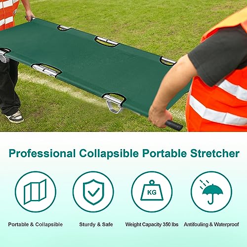 Image of Folding Stretcher for Medical Emergency Heavy Duty Handles | Portable Travel Emergency Medical Stretcher for Patient Transport, Straps and Carrying Case, High-Grade Aluminum Alloy, Green