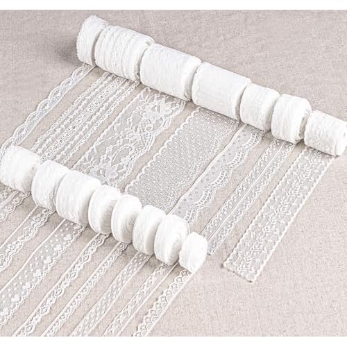ilauke 82 Yards White Lace Ribbon 15 Rolls Vintage Lace Trims with Assorted Crochet & Sewing Patterns, Vintage Floral Designs for Wedding Decor,Gift Wrapping,Scrapbooking Doll Clothes Decor