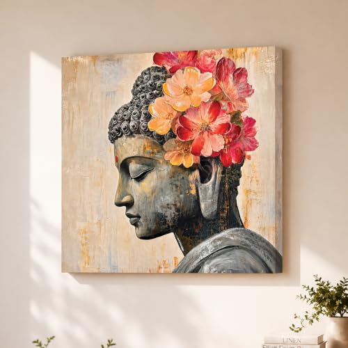 Image of PAINTINGMANTRA Buddha Painting for Living Room, Floral Buddha wall Art Painting for living room, Bedroom, office and Meditation Room, Canvas, 22x22 Inch