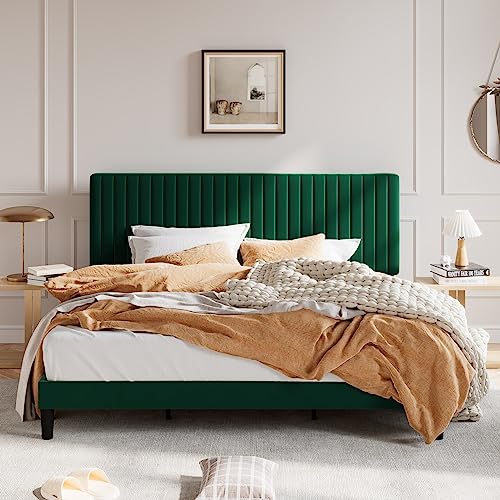 Image of SHA CERLIN King Upholstered Platform Bed Frame with Vertical Channel Tufted Velvet Fabric Adjustable Headboard, Wooden Slats Support, Mattress Foundation, Box Spring Optional, Green