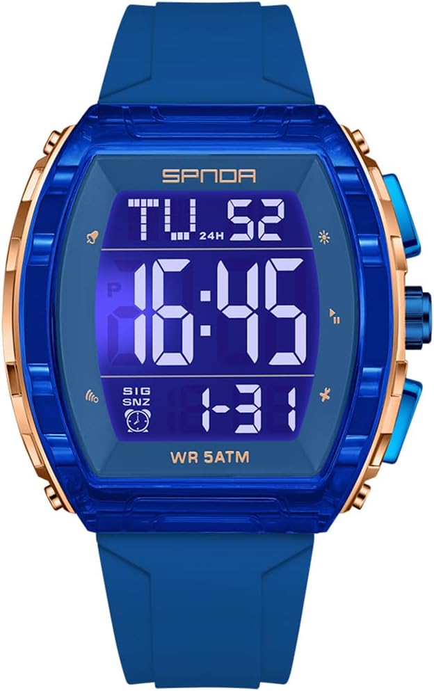 PASOY Luxury Men’s Digital Watch Tonneau Shape Dual Time 5ATM Waterproof Countdown Alarm LED Backlight Military Tactical Style Outdoor Sports Watches Wristwatch Gift-Ready Design Black and Gold