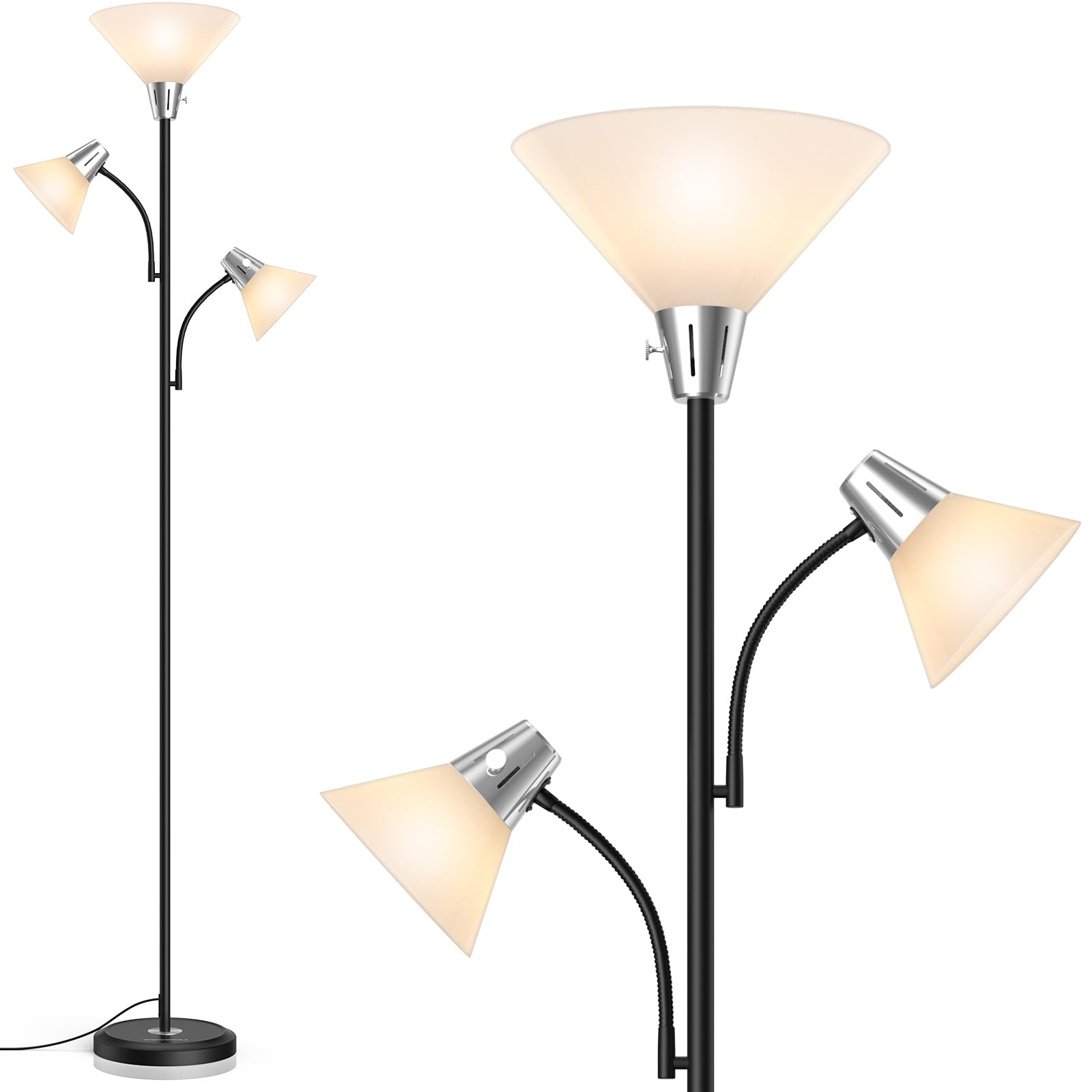LEPOWER Stehlampe Dimmbar, 9W LED Stehlampe mit 5W Leseleuchte Einstellbar | Moderne, Helle Stehlampe mit Austauschbaren 3000K Energiespar LED, Stehlampe für Wohnzimmer, Schlafzimmer, Büro, Schwarz