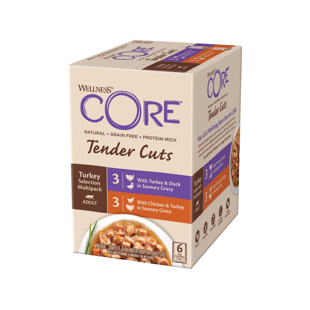 Wellness CORE Tender Cuts 6 x 85g, Multipack Poulet/Dinde/Canard – Tendre Morceaux pour Chats Adultes, sans Céréales, Naturelles, Hypoallergénique, Riche en protéines, À Haute Teneur en Viande,