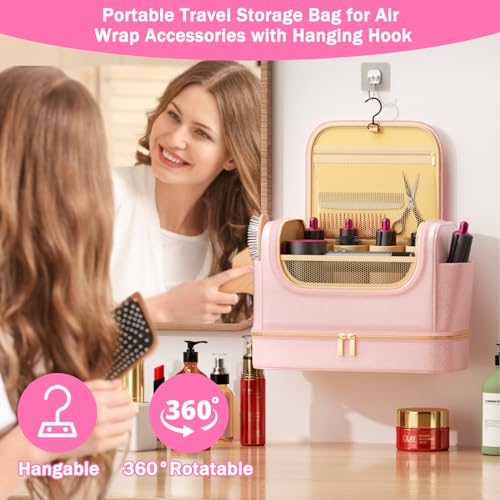 Double Layers Travel Case for Dyson Airwrap Large Capacity PU Leather Shark Flexstyle Case Portable Hanging Storage Bag for Airwrap Styler Attachments, Hook, Dry and Wet Section(Pink) - Image 5