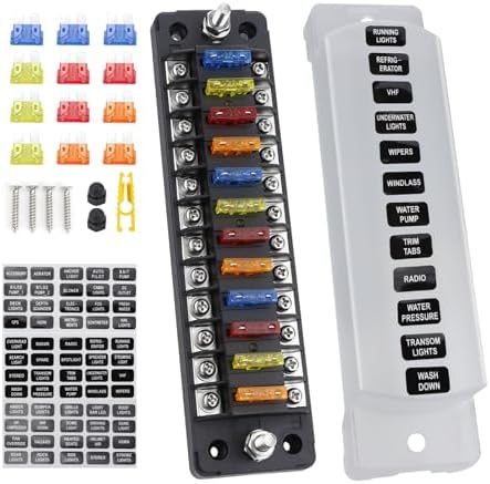 TIPHOPE 12 Way Fuse Block 12V Blade Fuse Box with Negative Bus,12 Circuit Fuse Holder Fuse Block with Waterproof Protection Cover &Sticker for 12/24V Car Truck Boat Marine RV-1 Year Warranty