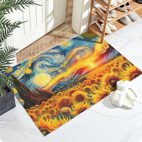 Sunflower Starry Night Bath Mat for Bathroom,Van Gogh Washable Door