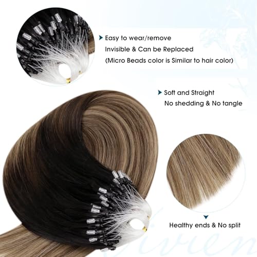 Vivien Micro Ring Extensions Real Human Hair Balayage Black 14Inch Natural Hair Extensions Micro Loop Black Ombre Brown and Ash Blonde Short 50g 50s #1B/4/18 - Image 3
