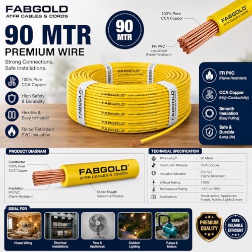 Image of 1.5 sqmm Single Core Copper Electrical Wire, 90 Meter (Yellow) | Heat Resistant & Flame Retardant (FR) | Lead-Free LSH House Wire for Home & Industrial Use