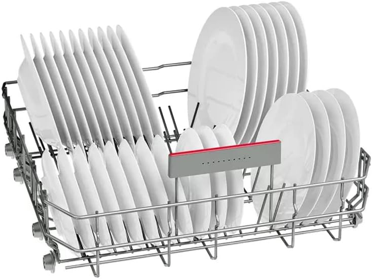 Lower rack of Bosch dishwasher loaded with plates