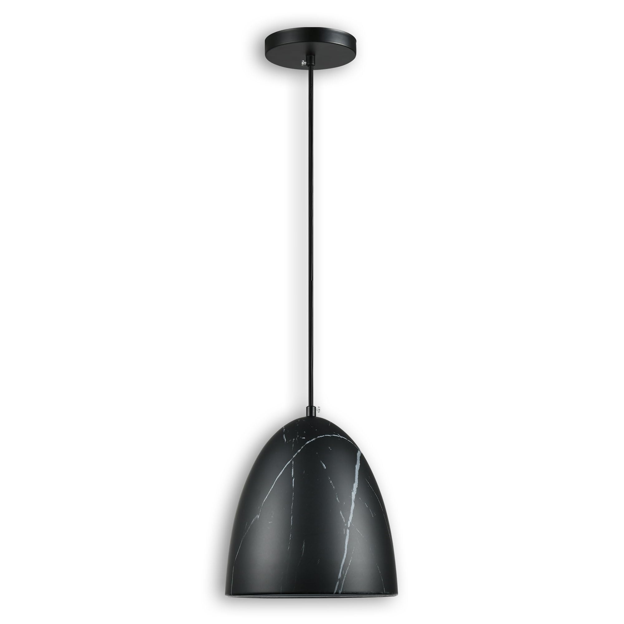 modern marble pendant light, 8"x8" metal hanging light fixture with faux black stone finish, 15"-72" adjustable line, e26 socket for office, living room, dining area – midnight stone