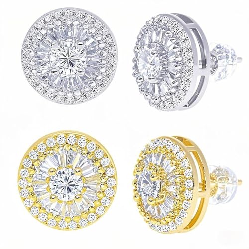 LuReen Earring Studs for Men Women - 18K Gold Plated Cubic Zirconia Stud Earrings Set, Iced Out CZ Studs, Simulated Diamond Halo Earrings (2 Pairs)