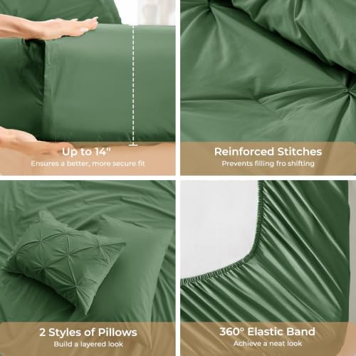 Image of Sasttie Full Size Comforter Set, 7-Piece Bed in a Bag Double, Pintuck Bedding Set for All Season, Includes Comforter, Flat Sheet, Fitted Sheet, Pillowcases and Pillowshams, Forest Green