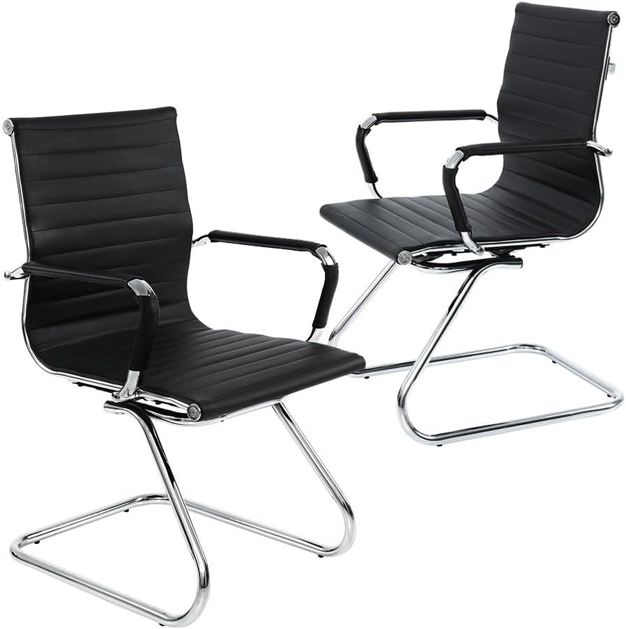 Reception Chairs No Wheels Leather Conference Chair Heavy Duty Back Support Office Guest Chair, Set of 2 (Black)