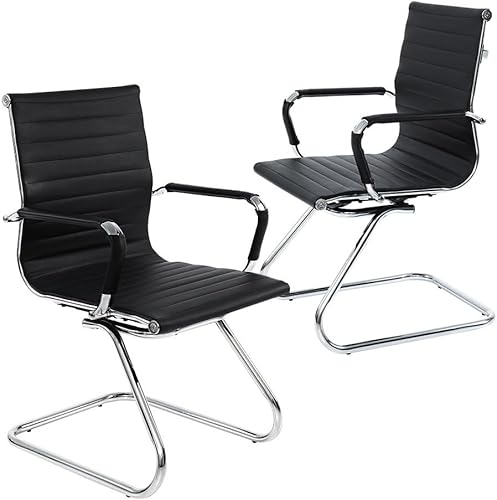 Sillas de recepción, sin ruedas, silla de conferencia, de cuero, resistente, soporte para la espalda, silla de invitados de oficina, juego de 2 Negro