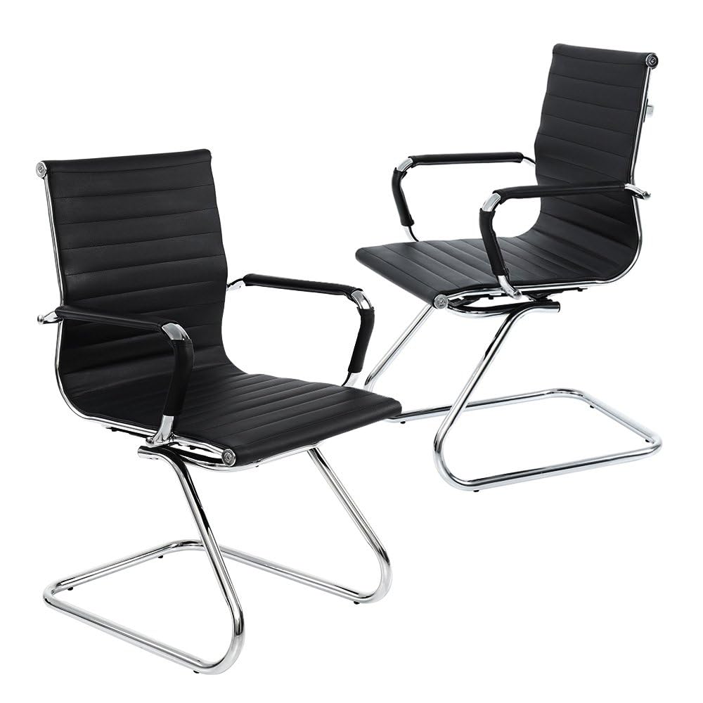 Conference Room Chairs Set of 2, Waiting Room Chairs with Arms, Faux Leather Reception Chairs No Wheels, Office Guest Chairs with Mid Back Support and Chrome Sled Base, Black