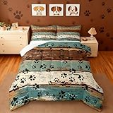 Manfei Dog Paw Print Comforter Set Full Size, Animal Theme Bedding Set for Kids Boys Girls Room Decor, Farmhouse Blue Brown Wooden Plank Down Comforter, Soft Polyester Quilt Set,2 Pillowcases