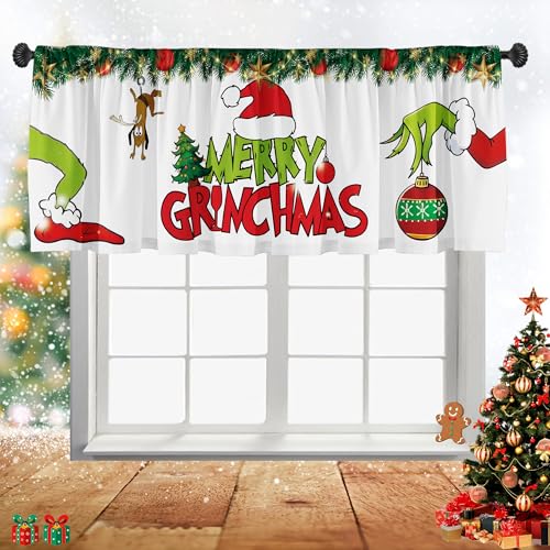 SUNWISHA Christmas Curtain Valances Set 52x18 - Designed with Playful Green Monster Holiday Inspired Character Decorations - Holiday Style Decorations for Kitchens Bathrooms Winter Homes White