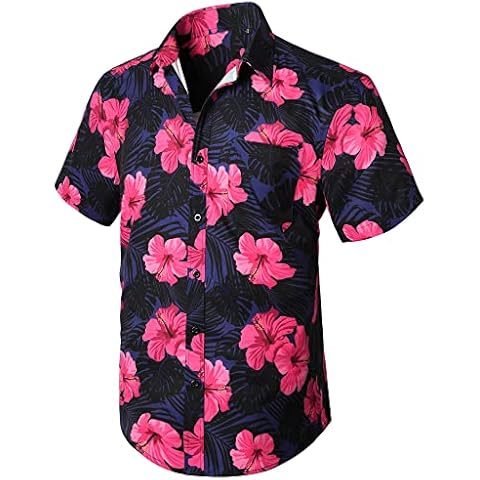 Hot Pink Hawaiian Shirts for Men Short Sleeve Aloha Beach Shirt Floral Summer Casual Button Down Shirts Flower Leaf Prin Tropical Shirts Navy Cover