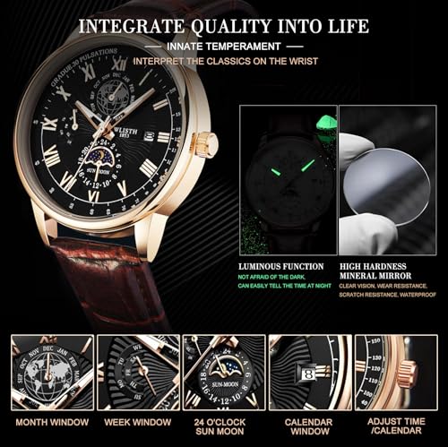 Image of Oligitdi Mens Watches Chronograph Quartz Date Calendar Stainless Steel Waterproof Luminous Business Wrist Watch (Brown)