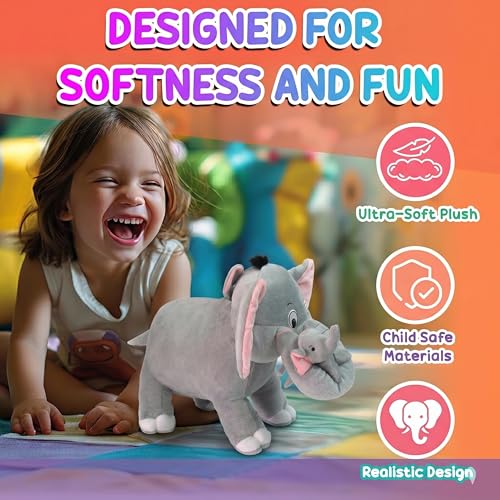 Image of Tickles Mother Elephant with Single Baby Stuffed Soft Plush Animal Toy for Kids Birthday Gifts (Size: 32 cm Color: Grey)