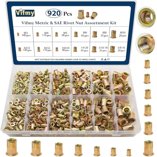 Image of Metric & SAE Rivet Nut Assortment Kit(920 Pcs), M3 M4 M5 M6 M8 M10#6-32#8-32#10-24 1 /4 inch-20 5 /16 inch-18 3 /8 inch-16 UNC Flat Head Rivnut Set, Zinc Plated Finish Carbon Steel Nutsert