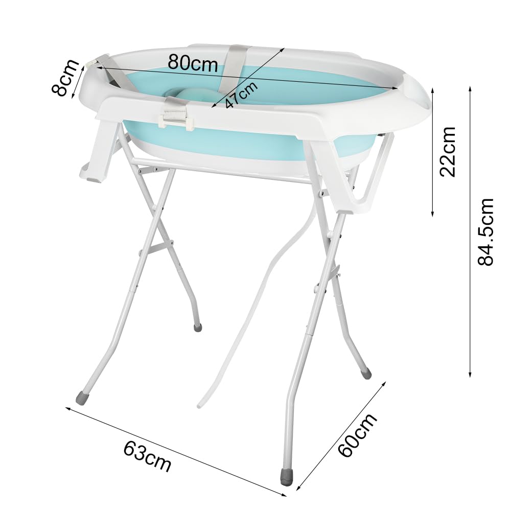 Bañera plegable para bebé con soporte, ergonómica con cojín, diseño blanco y rosa, drenaje integrado (verde)