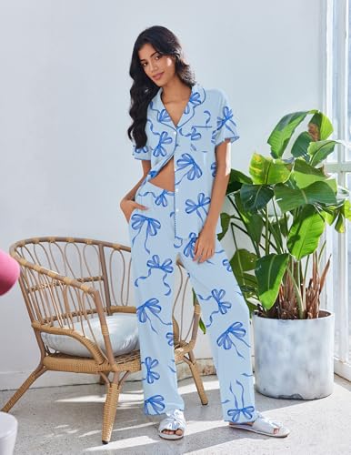 Image of Ekouaer Pajamas for Women Set Button Up Soft Pjs Short Sleeve 2 Piece Lounge Sets Comfy Sleepwear