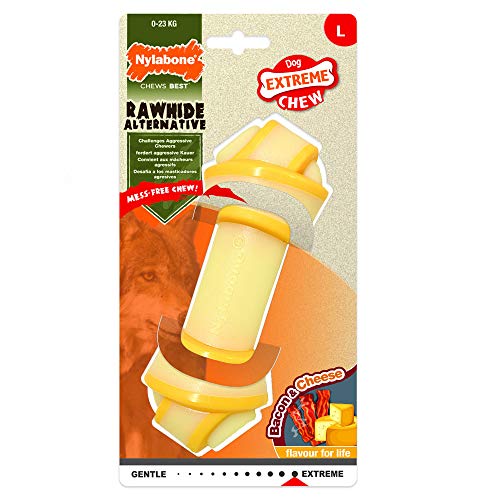 Nylabone Hueso con Nudo para Cachorros Alternativo al Cuero Sabor a Queso y beicon | Juguete masticable para Perros con mordida Potente | Grande| para Perros de hasta 23 kg