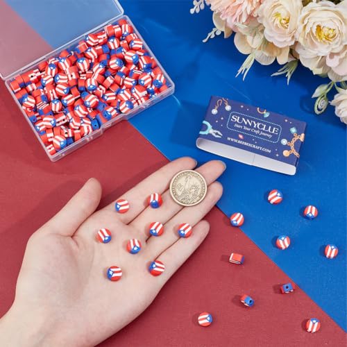 SUNNYCLUE 1 Box 200Pcs Independence Day Craft Beads Flag Polymer Clay Beads Mixcolor White Red Star US Flag Independence Day Round Polymer Clay Beads for Jewellery Making DIY Craft Bracelet Beginner - Image 3