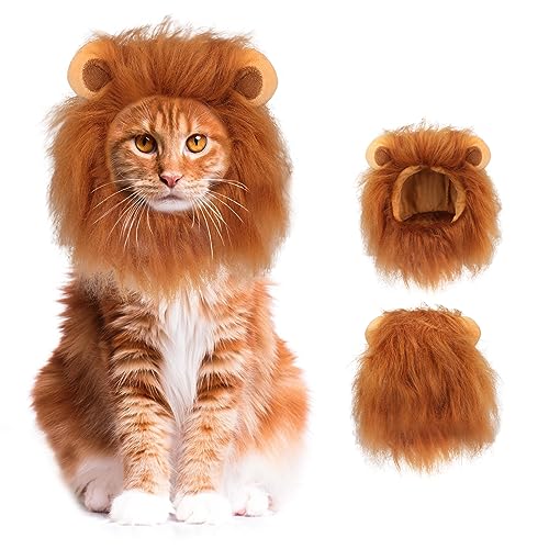 Image of Cat Halloween Costumes - Lion Mane Wigs for Cat Costumes, Adjustable Comfortable Funny Pet Kitten Cats Dress Up Clothing Accessories for Halloween Christmas Festival Party