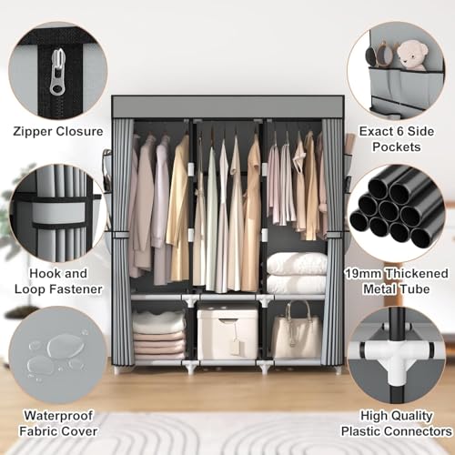 Vicye Kleiderschrank, Stoffschrank, Kleiderschränke mit Abdeckung, 3 Kleiderstangen, 6 Ablageflächen und Seitentaschen, Metallrohr mit 19 mm Durchmesser, freistehender Kleiderschrank für Schlafzimmer