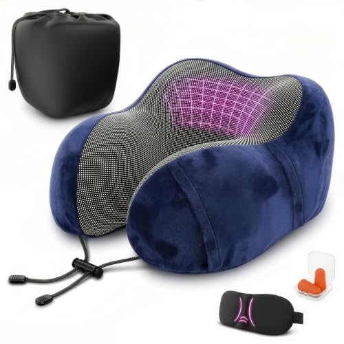 Image of 100% Memory Foam Neck Support Pillow with Adjustable Snap Buttons & Head Support - 4-in-1 Kit with 3D Eye Mask, Earplugs & Washable Cotton Cover - Neck Pillow for Plane Travel, Car, Train & Bus (Blue)