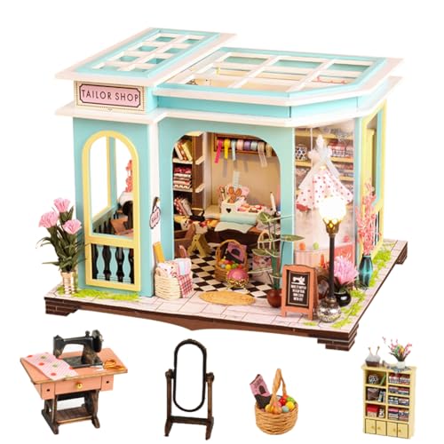TOPBSFARNY Accesorios de madera para casa de muñecas, kit de casa en miniatura para adultos, kit creativo de sastre con muebles y luces LED para regalo de cumpleaños de mujer