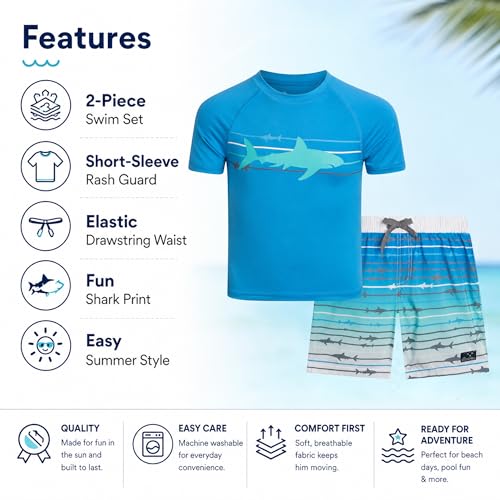 Image of Big Chill Boys Swim Set - 2 Piece Quick Dry UPF 50 Short Sleeve Rash Guard for Boys and Swim Trunks - Swimwear Set for Kids