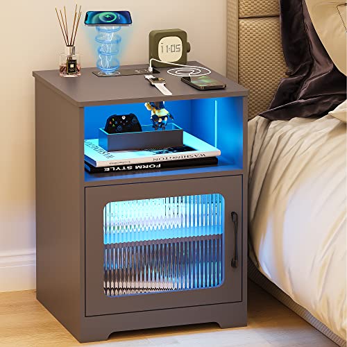 HNEBC Night Stand with Gun Drawers, Farmhouse Nightstand with Charging Station, Secret Bedside tabel with 3 Color Auto Light, Smart End Table with Hidden Storage for Bedroom Furniture-White